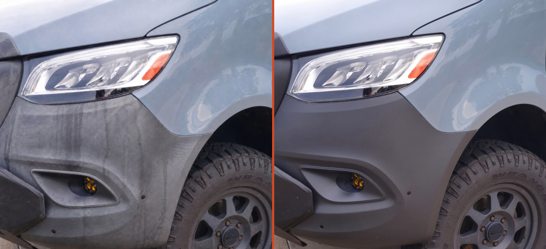 Side-by-side comparison of Sprinter front trim before and after Cerakote reconditioning