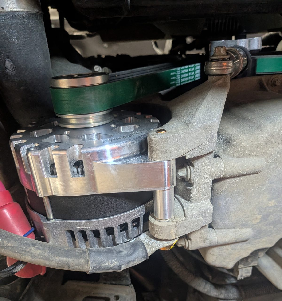 Nations 280XP installed as the Revel's second alternator, engine bay view