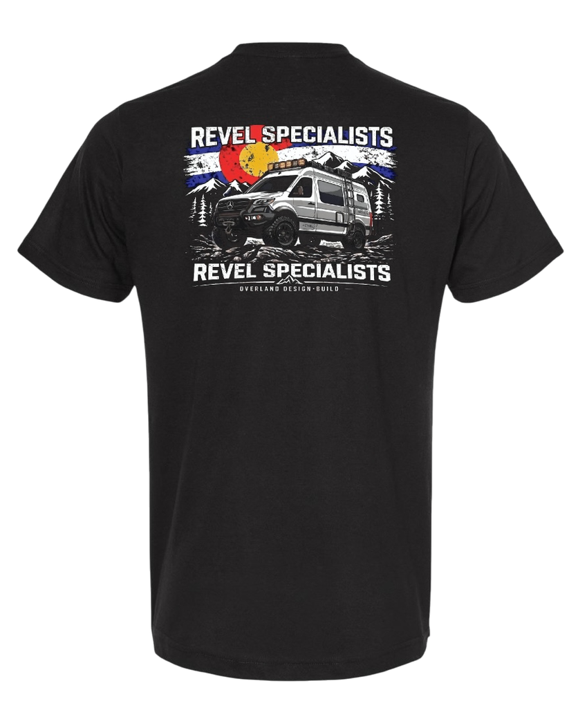 T-shirt back - Revel Specialists artwork