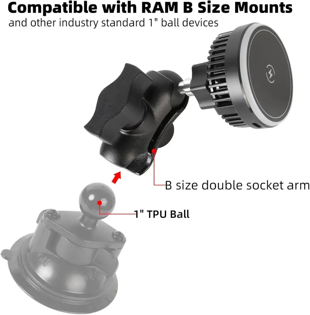15W Magnetic Wireless Charging Phone Holder Base for RAM Mounts – TEC and Fan Dual Cooling – 1″ (25mm) Ball Mount with Short Aluminum Arm